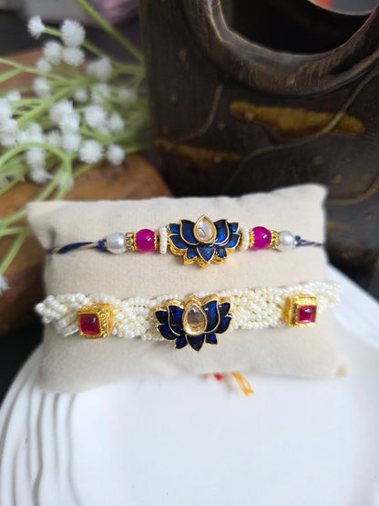 Blue lotus kundan couple rakhi