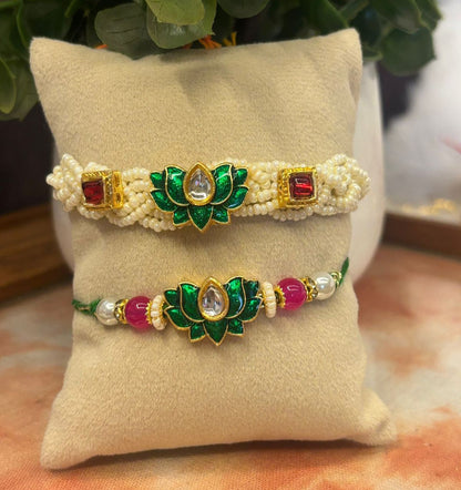 Green lotus kundan couple rakhi