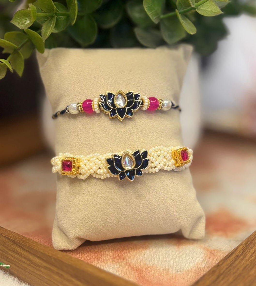 Blue lotus kundan couple rakhi