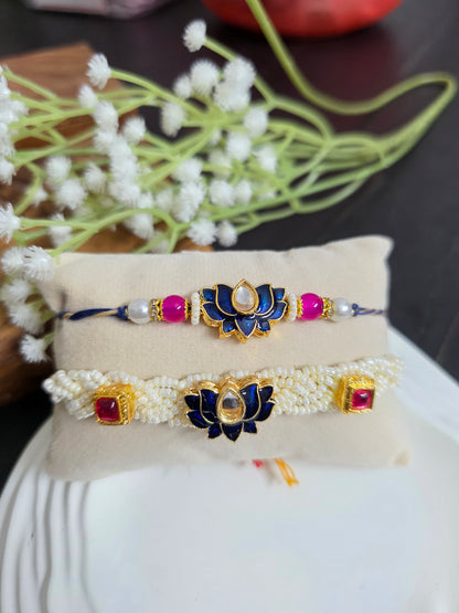 Blue lotus kundan couple rakhi