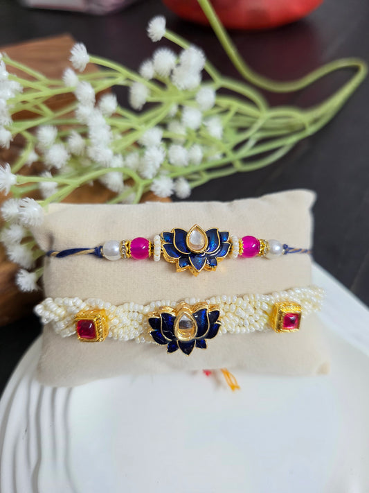 Blue lotus kundan couple rakhi